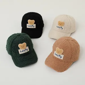Fleece bear baseball caps for kids in black, cream, green and khaki warm autumn winter hats