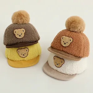 Baby Winter Fleece Baseball Cap Cute Cartoon Bear Patch Toddler Warm Hat With Faux Fur Pom Pom Corduroy Brim Kids Winter Hat