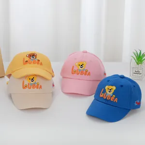 Cartoon bear embroidered baseball caps for toddlers in yellow beige pink and blue