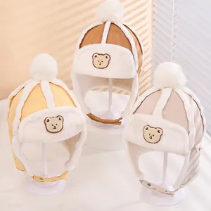 Kids Winter Warm Lei Feng Hat Cartoon Bear Embroidery Faux Fur Pom Pom Aviator Hat Windproof Ear Flap Ski Cap Boys Girls