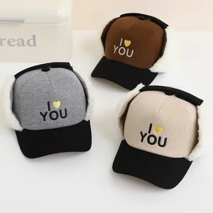 Gorro de Trampero Cálido de Invierno para Niños Pana a Prueba de Viento Piel Sintética con Orejeras Bordado Corazón Niños