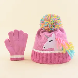Kids Winter Knit Hat And Gloves Cartoon Unicorn Warm Acrylic Beanie With Pom Pom For Toddler Girls