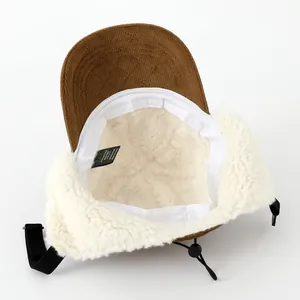 Winter brown corduroy earflap hat for kids with warm white fleece lining and chin strap