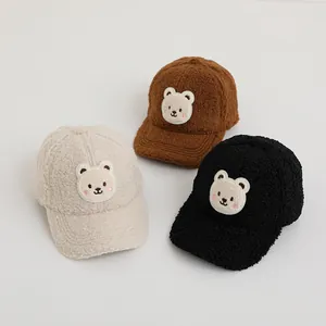 Warm sherpa fleece baseball caps for kids featuring cute bear embroidery in three colors
