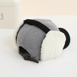 Winter Kinder Cord-Baseballmütze mit Plüsch-Ohrenklappen und verstellbarem Lederriemen