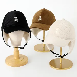 Kids Winter Trapper Hat With Sherpa Lining Cartoon Bear Embroidery Quilted Ear Flap Baseball Cap For Boys Girls Warm Hat