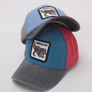 Contrast color baseball cap for kids with dinosaur embroidery and vintage washed cotton