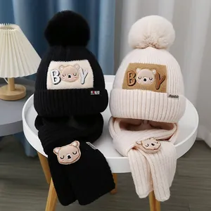 Kids Winter Knit Hat And Scarf Set Cartoon Bear Pom Pom Beanie Neck Warmer For Boys Girls 3-10 Years Outdoor Accessories