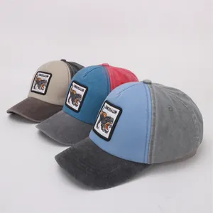 Three kids vintage washed baseball caps with dinosaur patches in assorted colors
