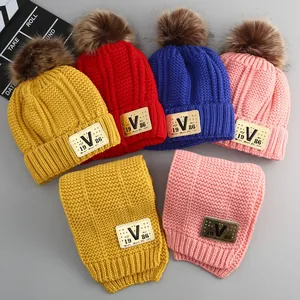 Children Knit Hat And Scarf Set For Winter Warm Fleece Lined Ear Protection Beanie With Faux Fur Pom-pom For Boys Girls