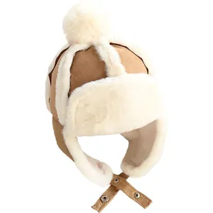 Cappello da aviatore invernale per bambini in finto scamosciato con fodera in peluche e pompon