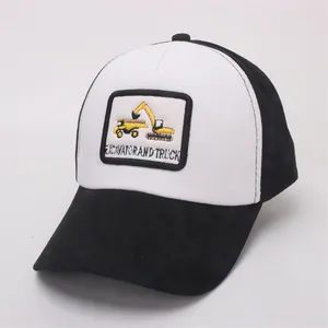 Detail of cartoon excavator and truck embroidery on a two-tone baseball cap