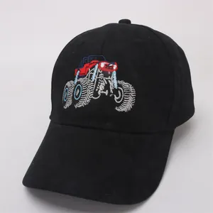 Detailed embroidery of a red and blue monster truck on a black cotton baseball cap