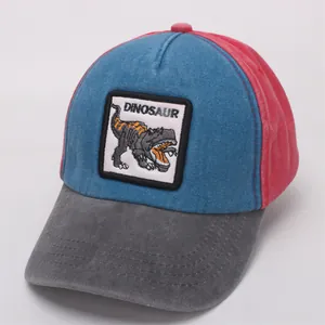 Detailed side view of a tricolor washed cotton kids baseball cap with dinosaur patch