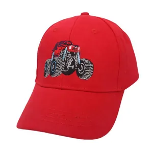 Red kids baseball cap featuring monster truck embroidery for spring and summer sun protection