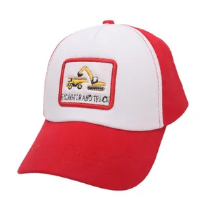 Red and white kids baseball cap with yellow excavator patch and truck embroidery