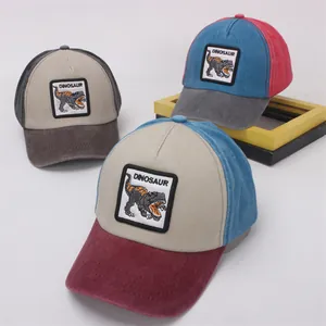 Kids Retro Color Block Baseball Cap Dinosaur Truck Embroidery Patch Washed Cotton Sun Hat For Boys Girls Adjustable