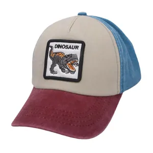 Kids baseball cap with dinosaur patch in beige blue and red color block design