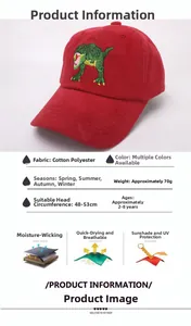 Detail view of red kids baseball cap with dinosaur embroidery and material specifications