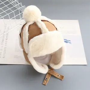 Cappello da aviatore marrone per neonati in finta pelle scamosciata con calda ecopelliccia