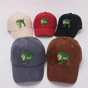 Detailed embroidery of cartoon dinosaurs on cotton canvas baseball caps in five colors