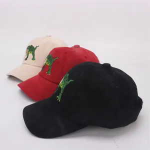 Corduroy baseball caps with cartoon dinosaur embroidery for kids in beige red and black