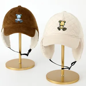 Gorro de invierno para niños con orejeras, forro polar y bordado de oso para exteriores