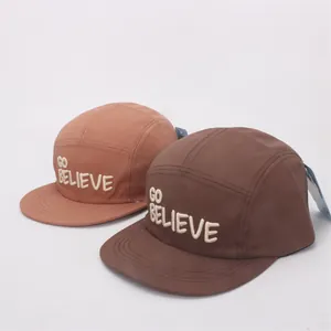 Kids flat brim 5-panel camper baseball caps with GO BELIEVE embroidery in brown tones