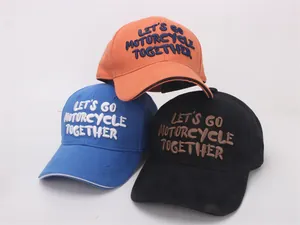 Detail of multi-color cotton baseball caps with high-quality 3D letter embroidery