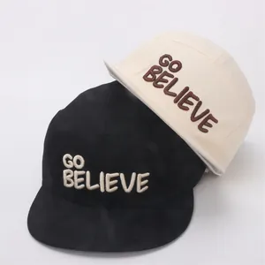 Flat brim baseball caps for kids with GO BELIEVE embroidery in black and beige colors