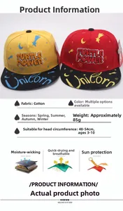 Detail view of cotton kids baseball caps showing material specs and 48-54cm head size guide