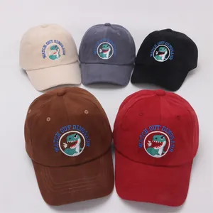 Detailed flat lay of children's baseball caps in five colors with dinosaur embroidery