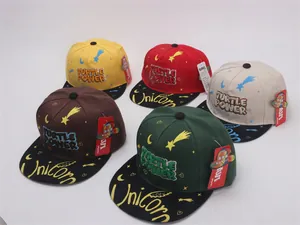 Detail of five multi-colored kids snapback hats with Turtle Power embroidery and printed brim