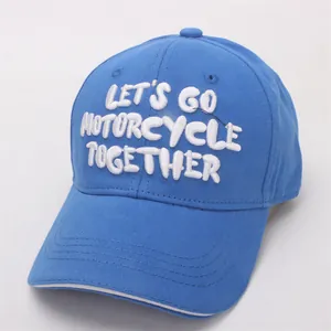 Detail of blue cotton baseball cap with white 3D embroidery LET'S GO MOTORCYCLE TOGETHER