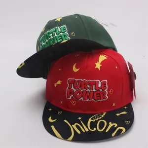 Kids flat brim baseball hats with Turtle Power embroidery and colorful graphic designs