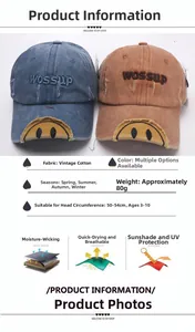 Detailed view of kids vintage cotton baseball caps with wossup embroidery and sun protection