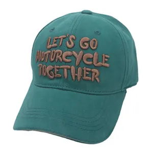 Vintage dark green cotton baseball cap with brown embroidered Let's Go Motorcycle text