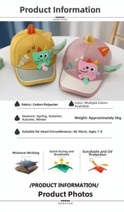Detail of dinosaur baby baseball cap showing 3D fins, cotton fabric and size specs