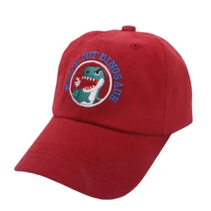 Deep red children baseball cap with cartoon dinosaur embroidery and curved brim