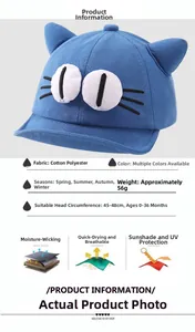 Detail of blue baby baseball cap with cat ears, moisture-wicking and sun protection