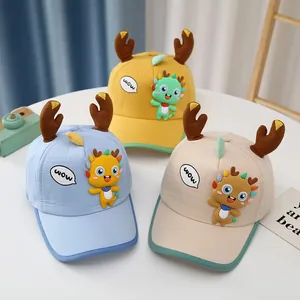 Cartoon baby baseball caps with 3D deer antlers in yellow, blue and beige colors