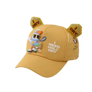 Cute mustard yellow baby baseball cap with 3D ears and cartoon robot pattern
