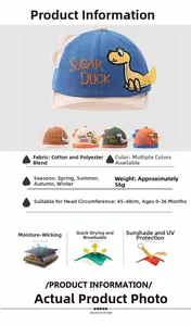 Detail view of cotton-blend toddler cap with dinosaur embroidery and sizing specifications