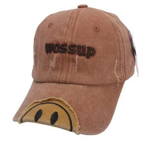 Vintage brown washed canvas baseball cap with 3D embroidery and yellow smile patch