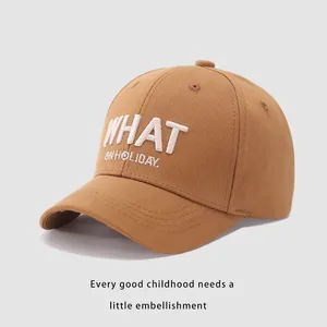 Gros plan détaillé d'une casquette de baseball kaki avec broderie blanche WHAT