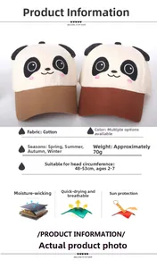 Detail of cute panda kids cap showing breathable cotton fabric and 48-53cm adjustable size