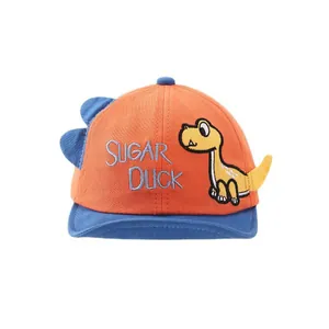 Cartoon dinosaur orange baby baseball cap with blue brim and soft fabric texture