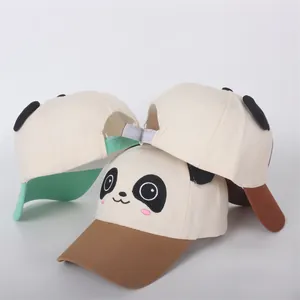 Detail of cute panda baby baseball cap with 3D ears and adjustable back strap