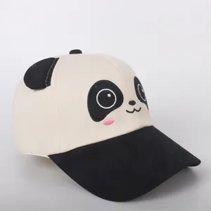 Detail of cute panda face embroidery and 3D ears on a cotton canvas toddler baseball cap