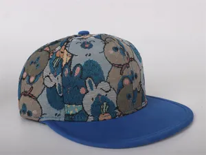Detail van snapback pet voor kinderen met blauwe jacquard stof en cartoonpatronen